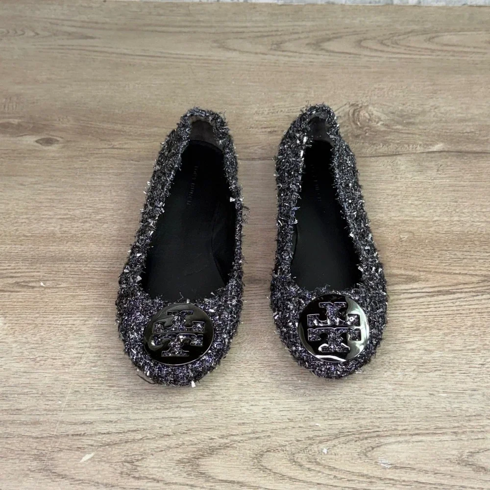 Tory Burch Minnie Travel Ballet Flats Black Silver Metallic Tweed 6M